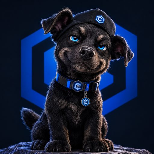 Official CronosDog, a black puppy wearing a Cronos cap and blue $BARK medal
